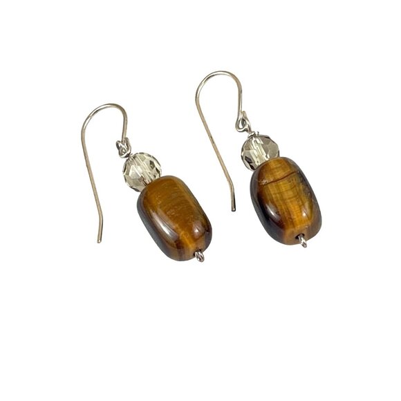 Tiger Eye & Crystal Bead Dangle Earrings With Silver Hooks - Picture 1 of 5